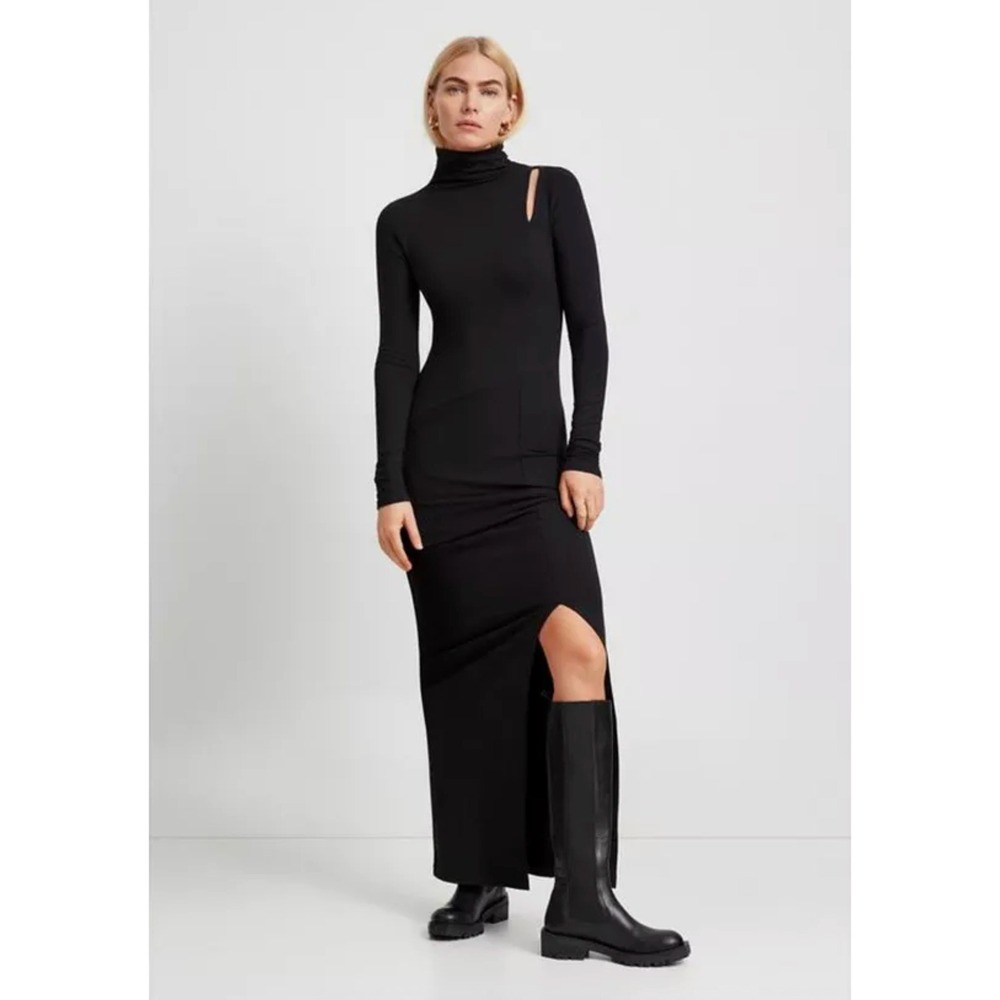 Marcella Lorimer Light French Terry Black Mockneck Cutout Maxi Dress XL